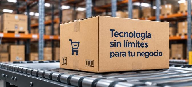 Caja con el texto Tecnología sin límites para tu negocio sobre una cinta transportadora en una bodega