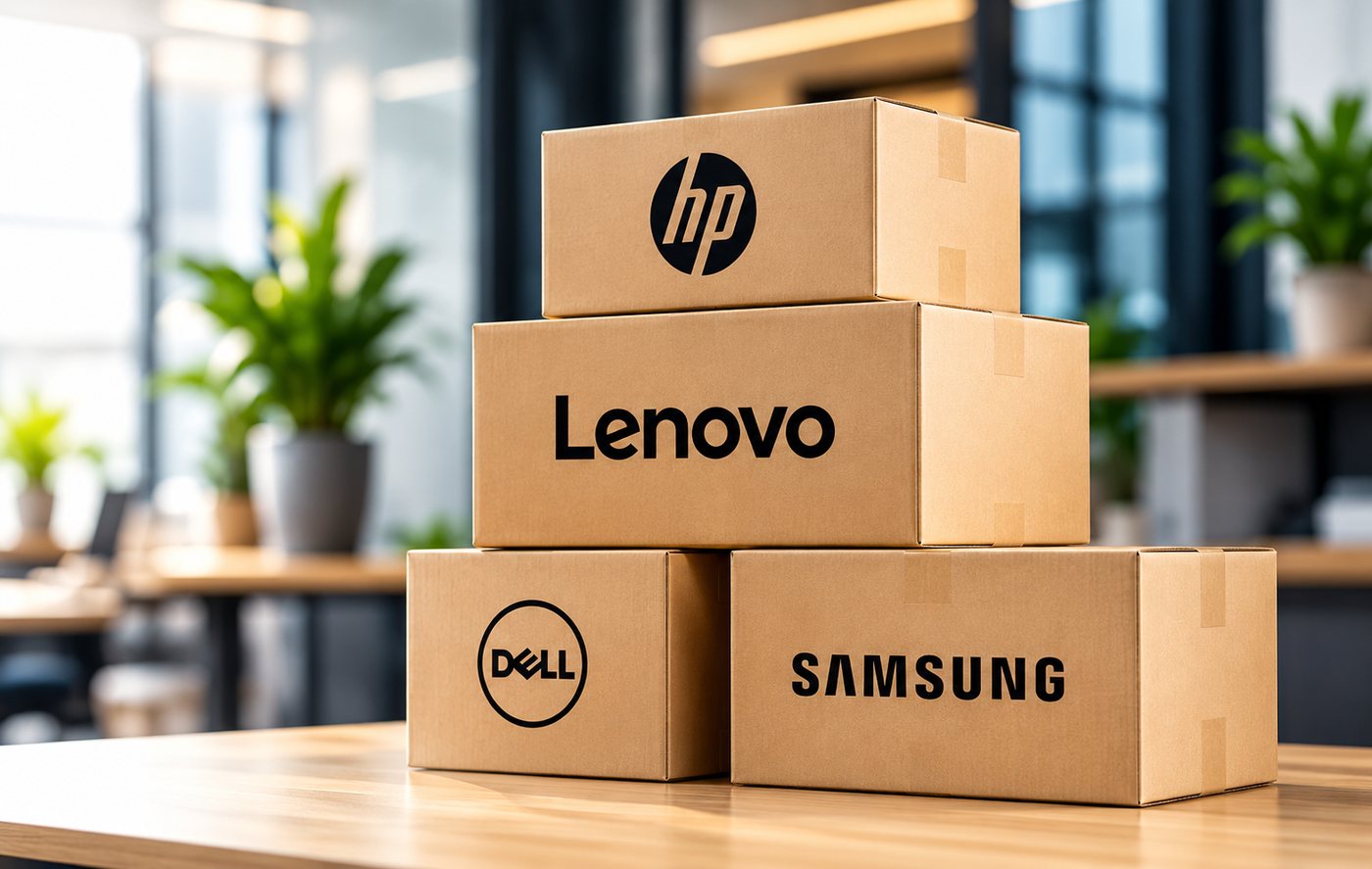 Cajas de productos HP, Lenovo, Dell y Samsung
