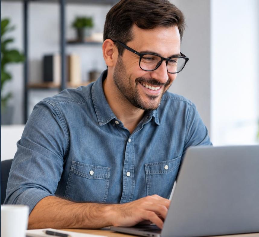 Profesional sonriendo mientras trabaja en su notebook