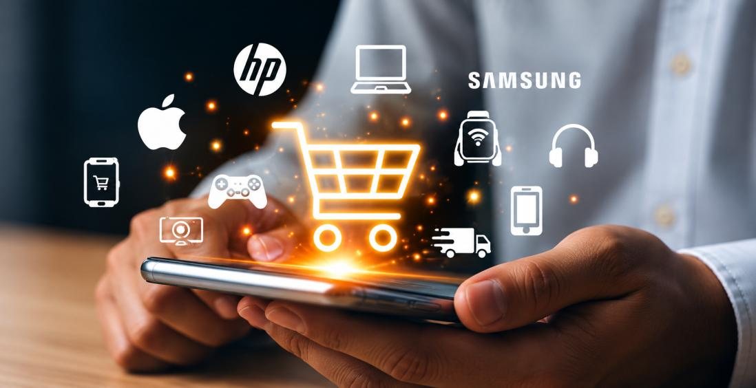 Manos con un celular del que surgen un carro de compras e íconos de marcas y productos de tecnología