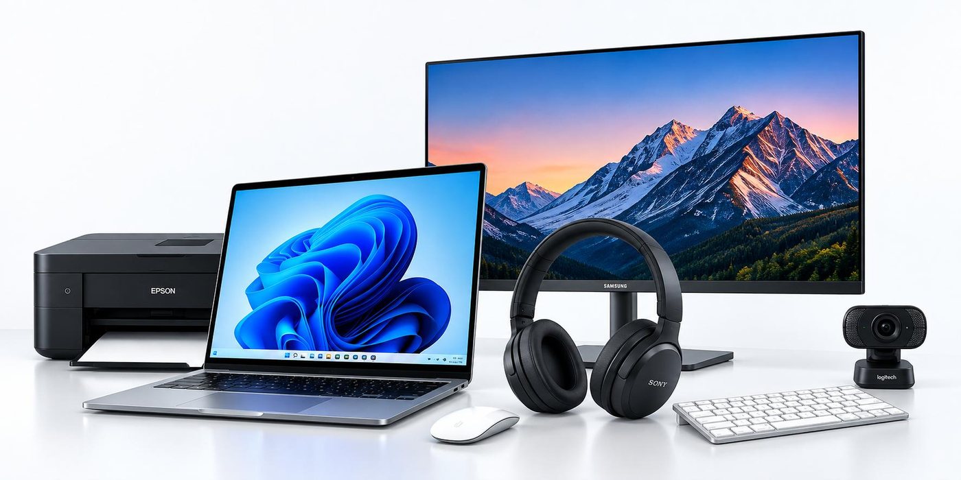Notebook, monitor, impresora, audífonos y accesorios de tecnología
